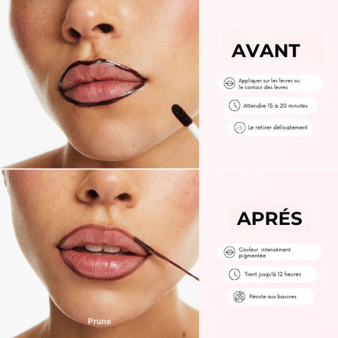 Avant et après application de l’encre à lèvres peel-off effet volume naturel Bymee Cosmetics